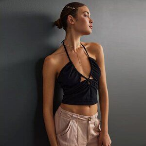 Anthropologie Ruched Keyhole Halter Top, Black Fitted Crop Top
